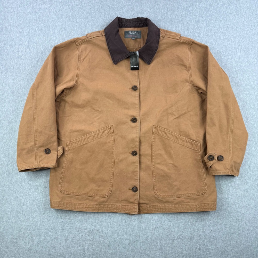 Torrid‎ Jacket Womens 2X Tobacco Brown Twill Barn Canvas Contrast Collar Coat